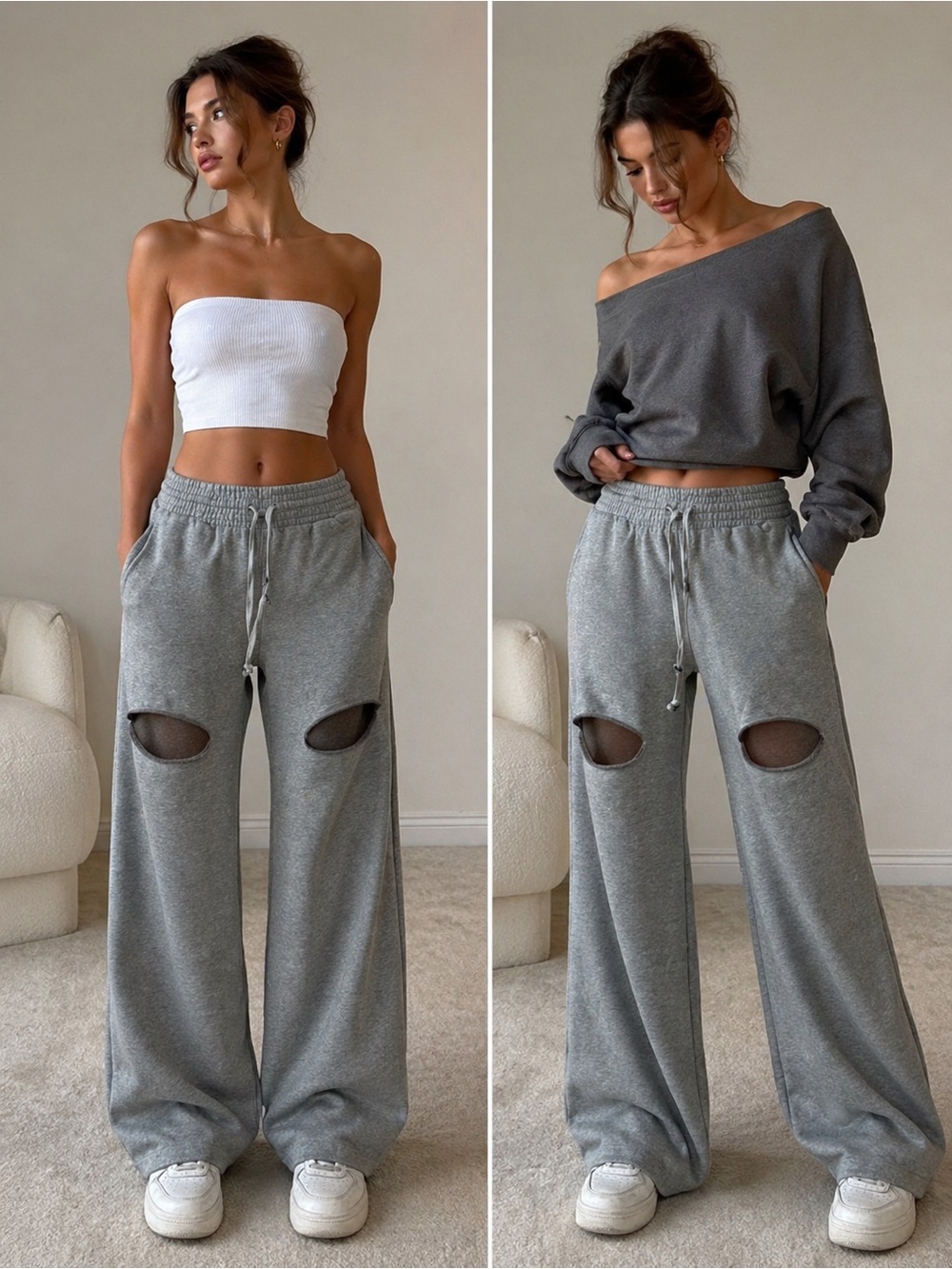 SHEIN Gray Distressed Wide-Leg Sweatpants, Cutout on Thighs, Size L